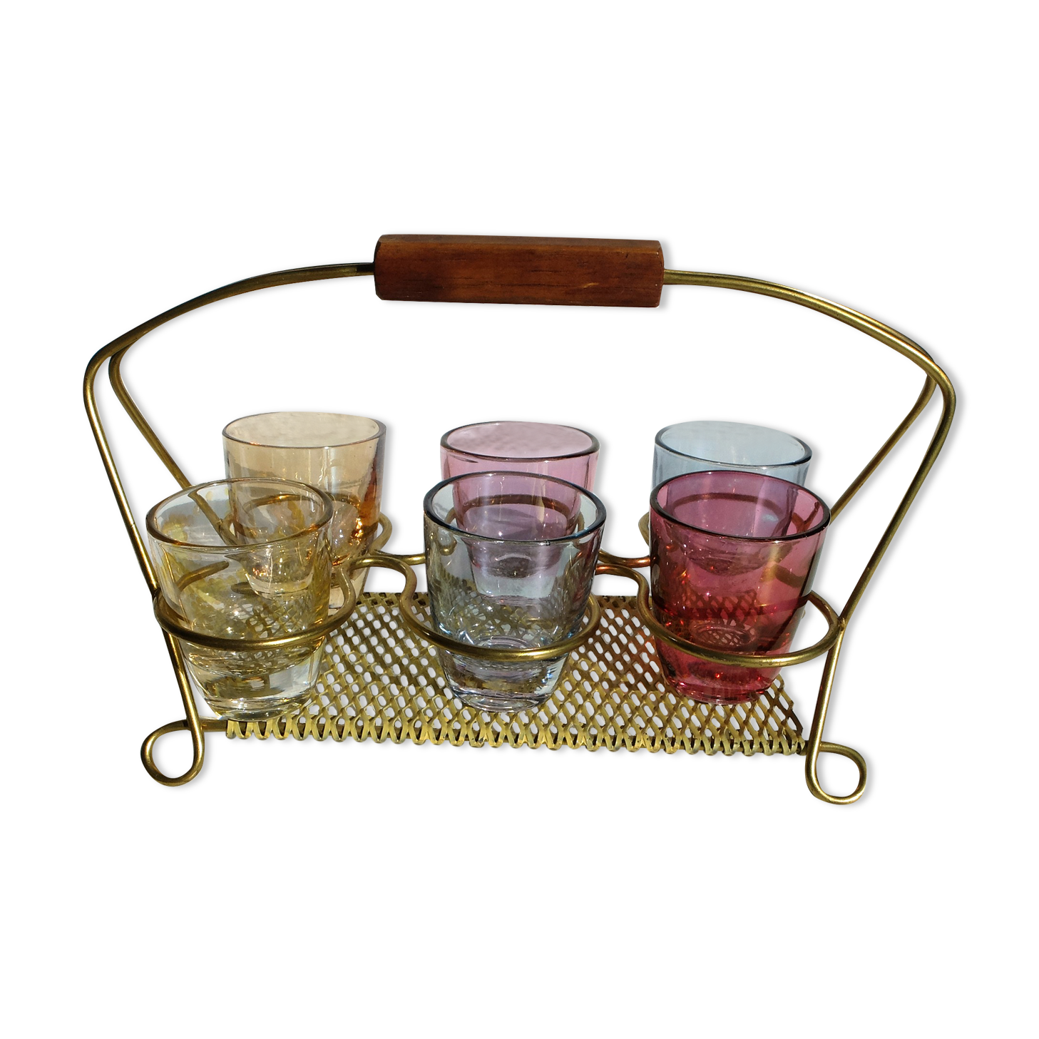 Brass liquor service and multi-color glasses Gold Display Mid-Century 1950s-60s