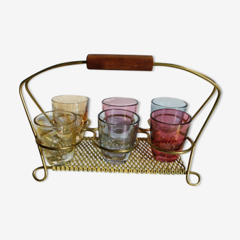 Service à liqueur laiton et verres multi-color présentoir doré Mid-Century années 1950-60