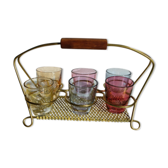 Brass liquor service and multi-color glasses Gold Display Mid-Century 1950s-60s