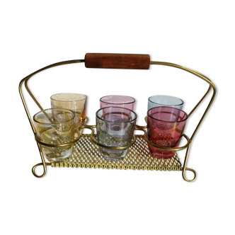 Service à liqueur laiton et verres multi-color présentoir doré Mid-Century années 1950-60