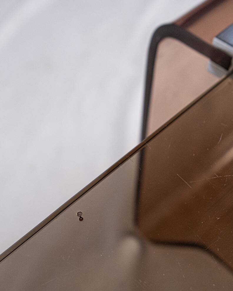 Table basse en plexi fumé et verre, Michel Dumas, France, 1970