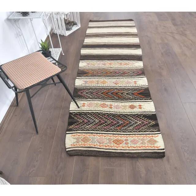 1970s Vintage Turkish Runner Handwoven Wool Flatweave Kilim Rug 84x266