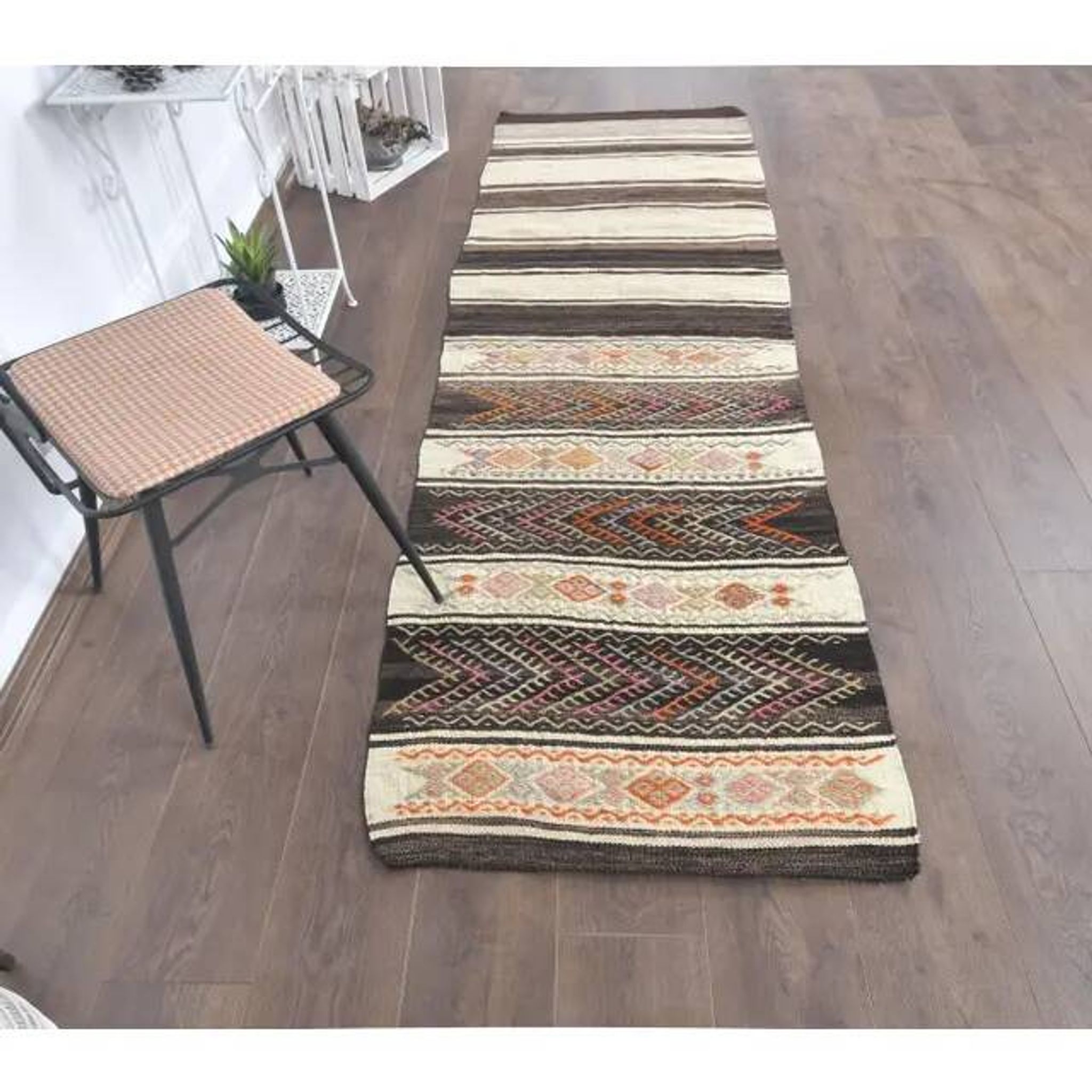 1970s Vintage Turkish Runner Handwoven Wool Flatweave Kilim Rug 84x266