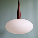 Scandinavian pendant light in teak and white opaline, Louis Kalff, Philips, 1960.