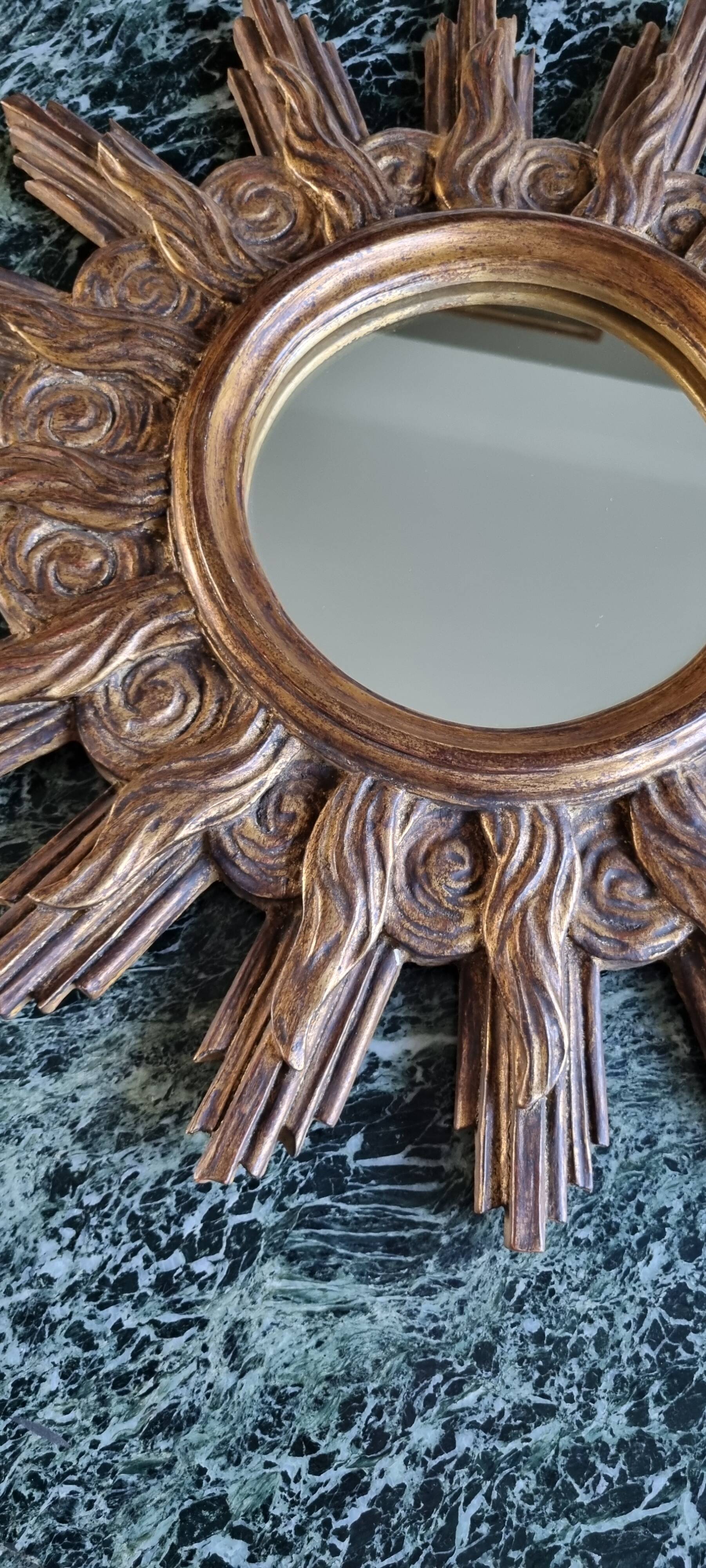 Vintage wooden and gold sun mirror