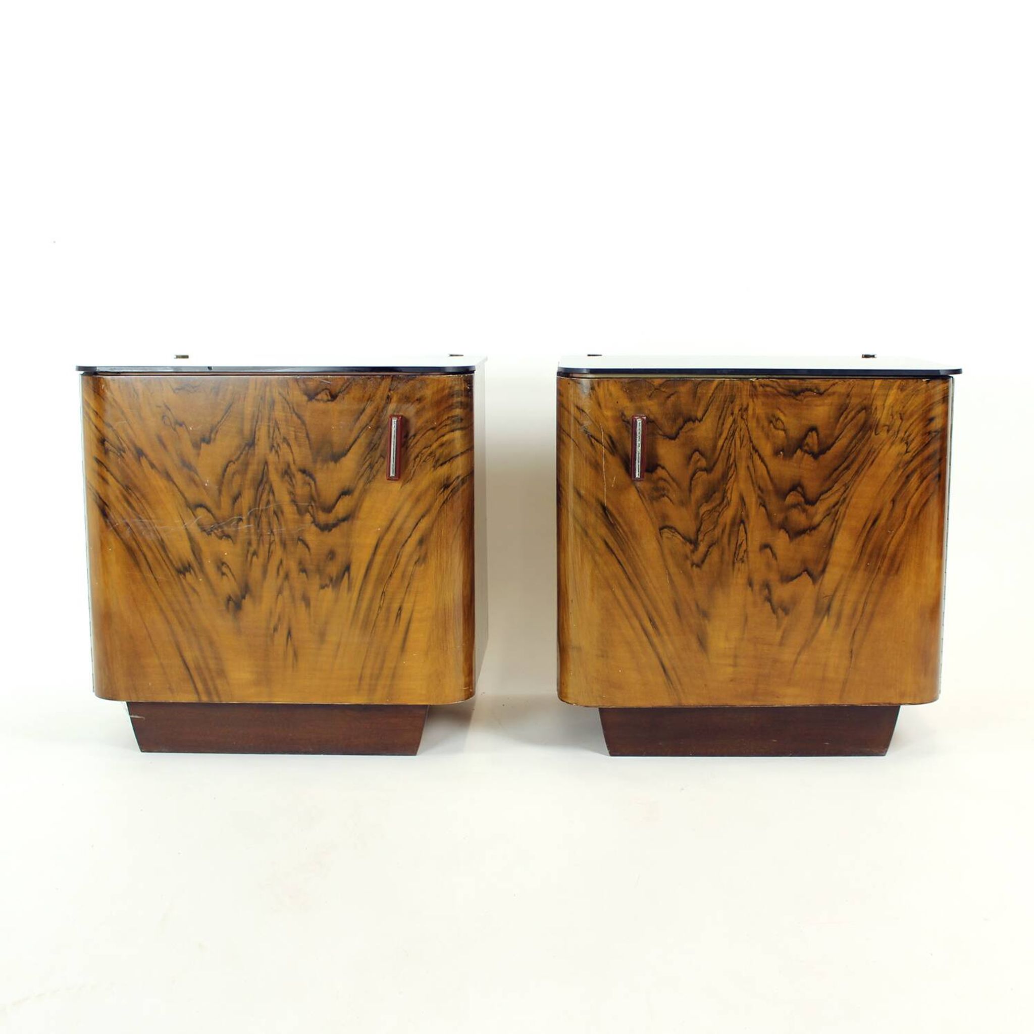 Pair Of Art Deco Bedside Tables With Faux Wood Graining & Glass, Czechoslov