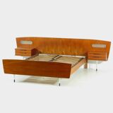 Mid century modern Italian teak double bed with two nightstands, 1960s