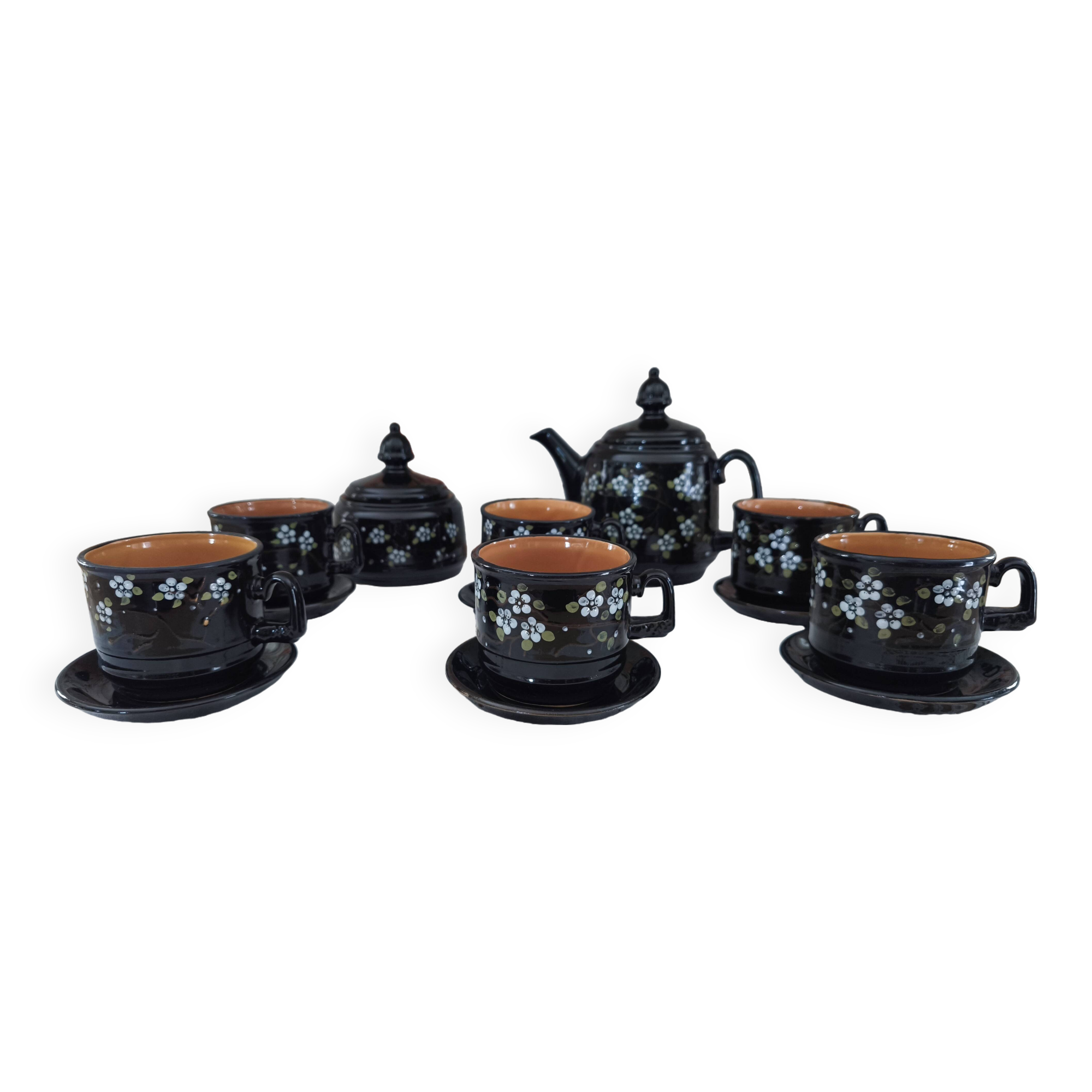 Vintage Russian tea set 14 pieces for 6 people in enamelled terracotta