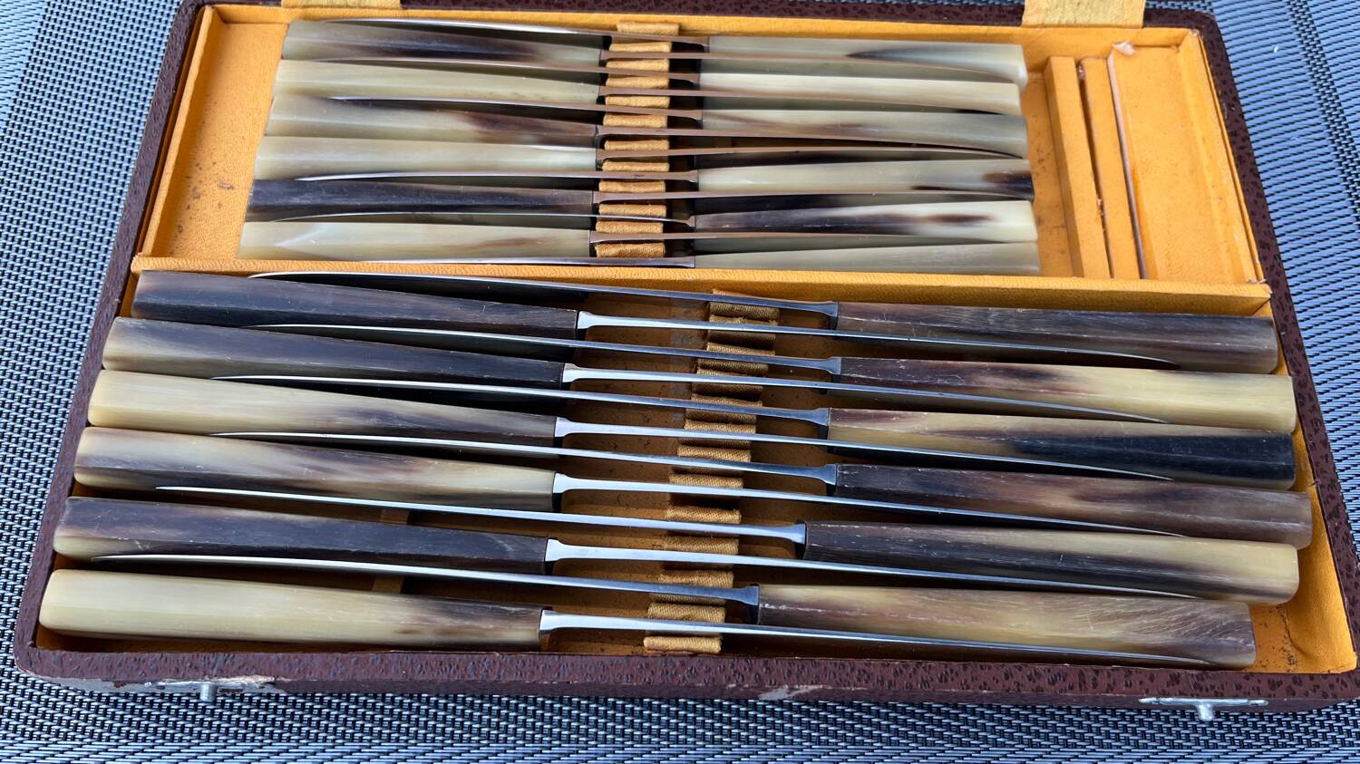 Box of 12 table knives and 12 vintage cheese knives