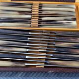 Box of 12 table knives and 12 vintage cheese knives