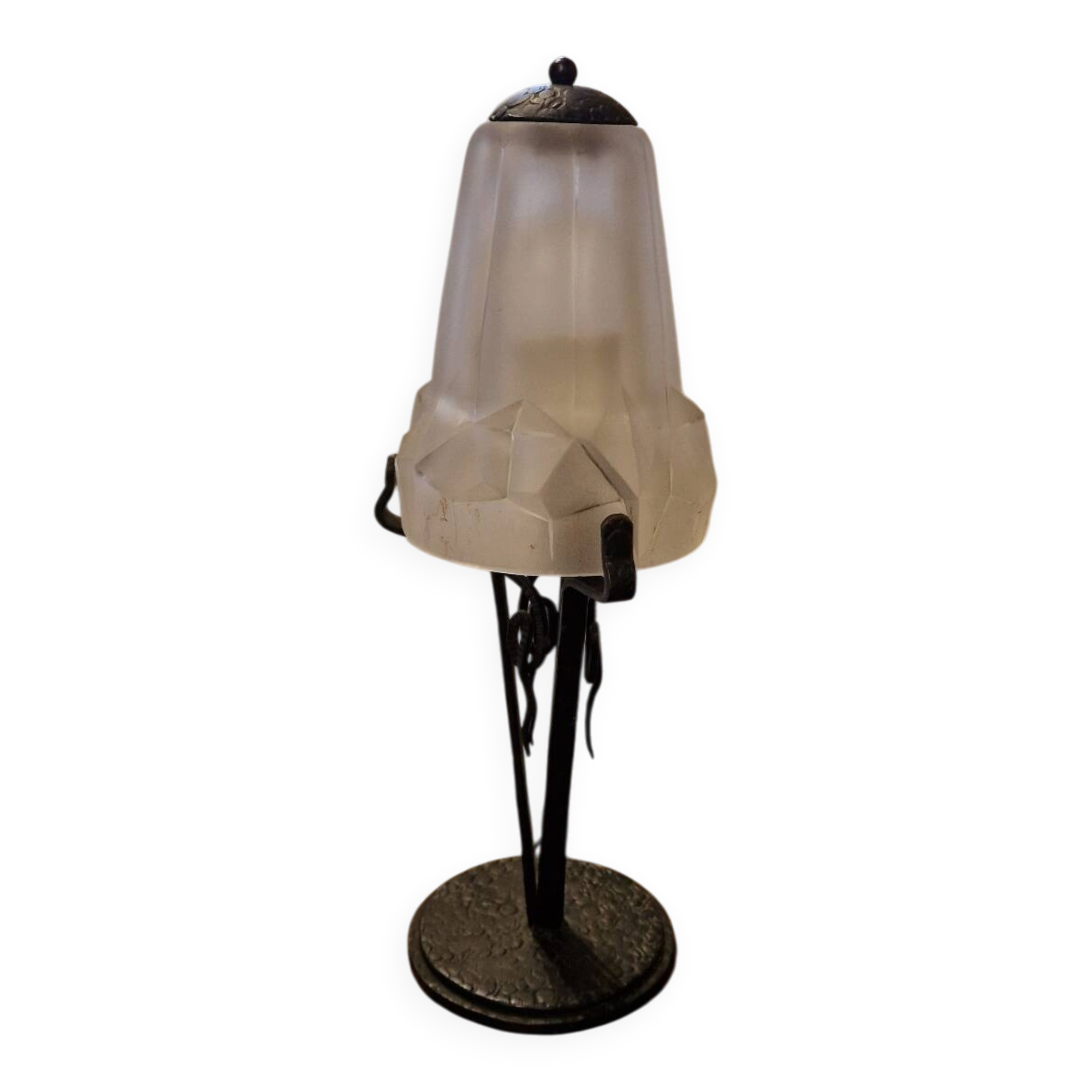 Lampe a poser vintage art déco 1930 pâte de verre et fer forgé