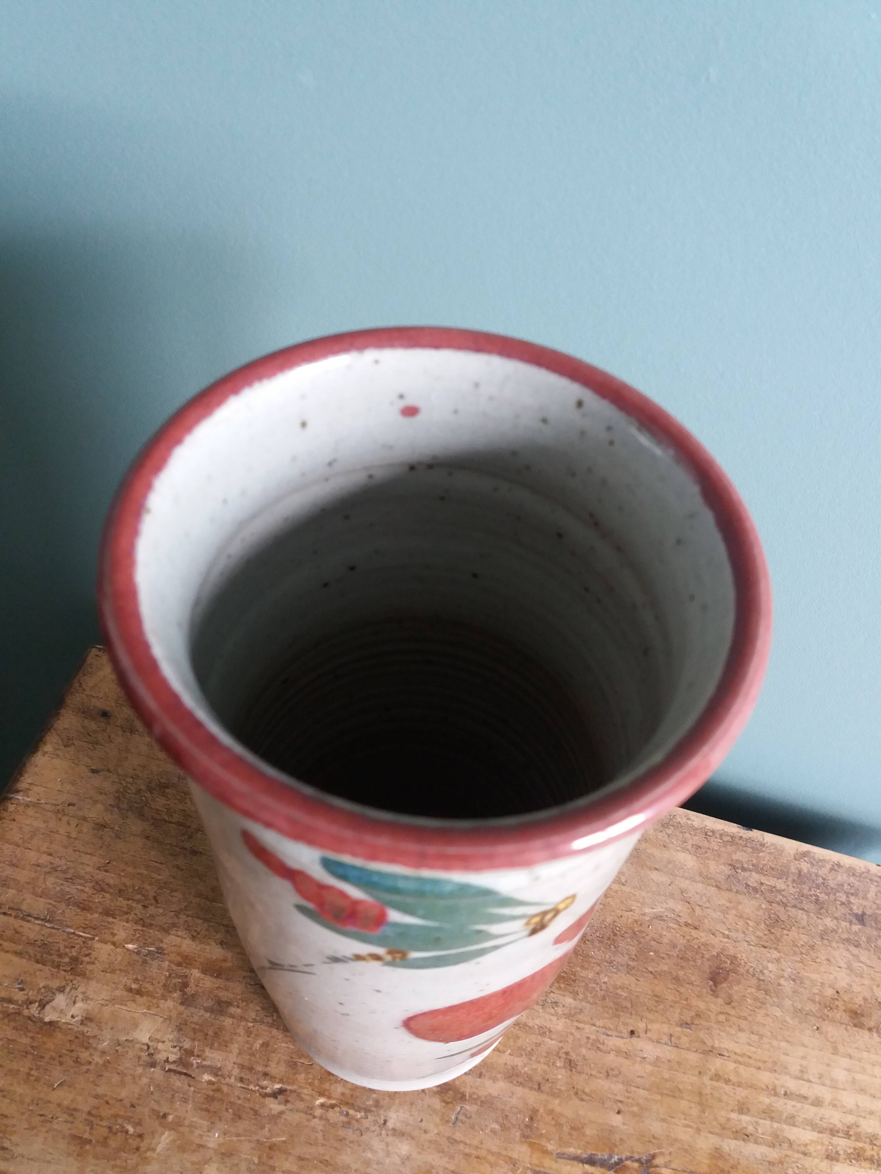 Signed scroll vase with poppy dragonfly decor