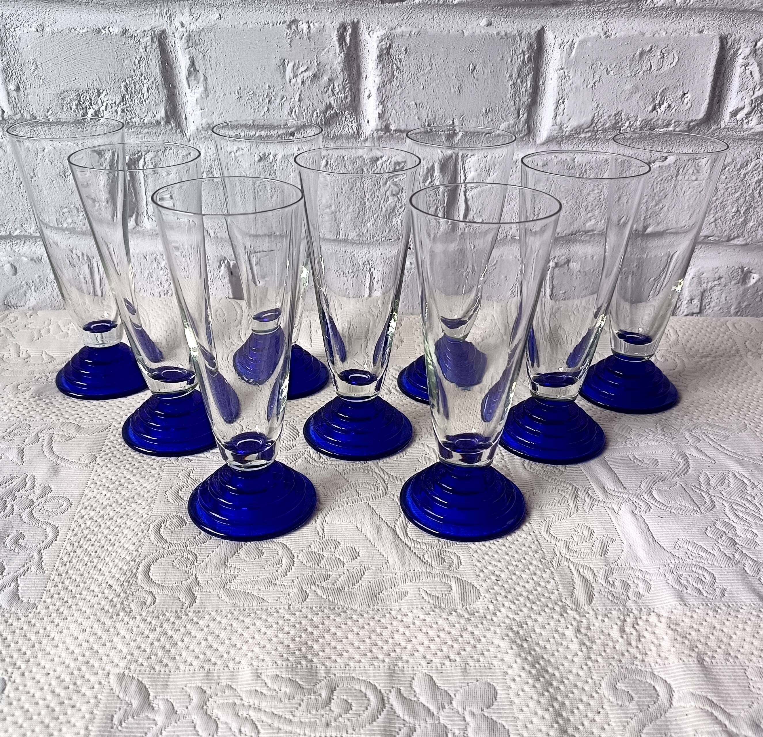 9 superb vintage cobalt blue glass stemmed flutes