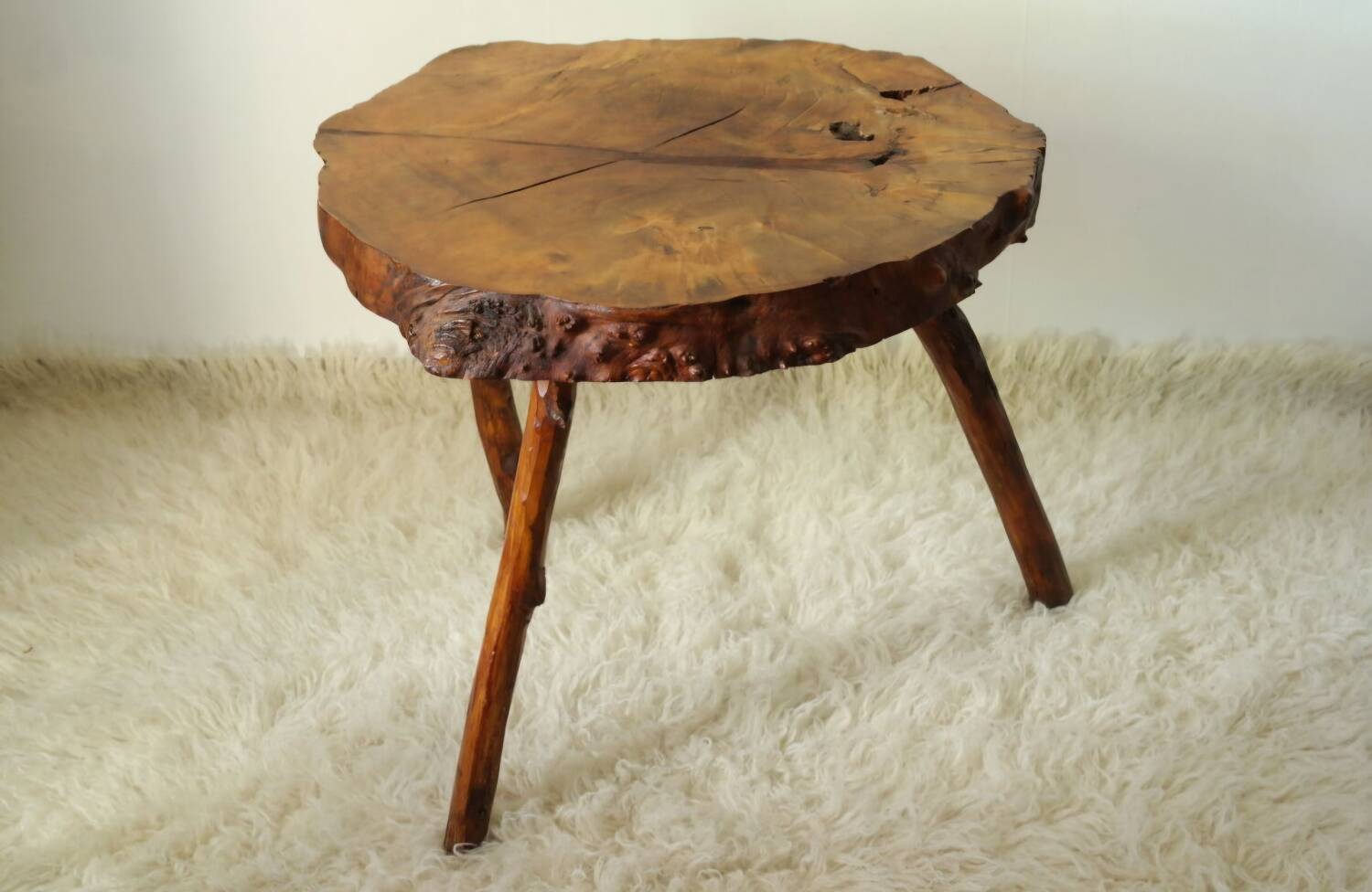 Side table, low brutalist made from tree stump.