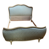 Louis XV style basket bed, embroidered satin, “cracked ivory” finish wood, 1950s