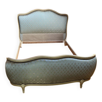 Louis XV style basket bed, embroidered satin, “cracked ivory” finish wood, 1950s