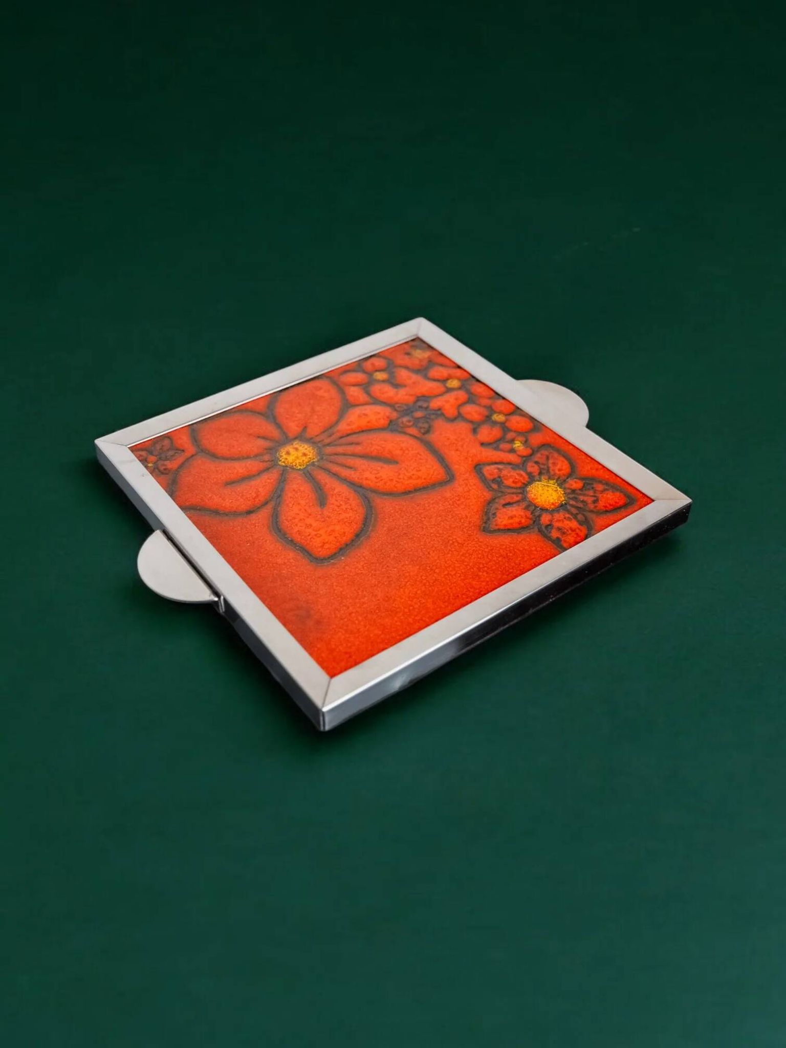 Space age floral red ceramic trivet, Spain, 1970s