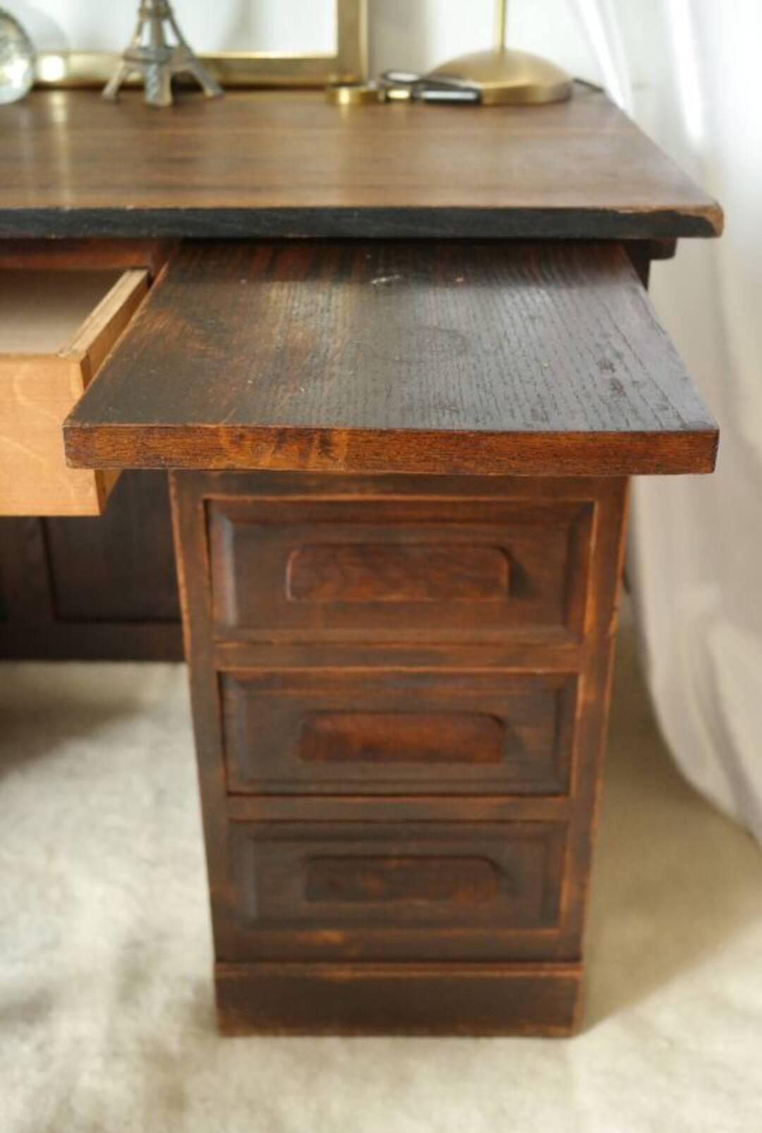 Vintage oak desk with its stool.