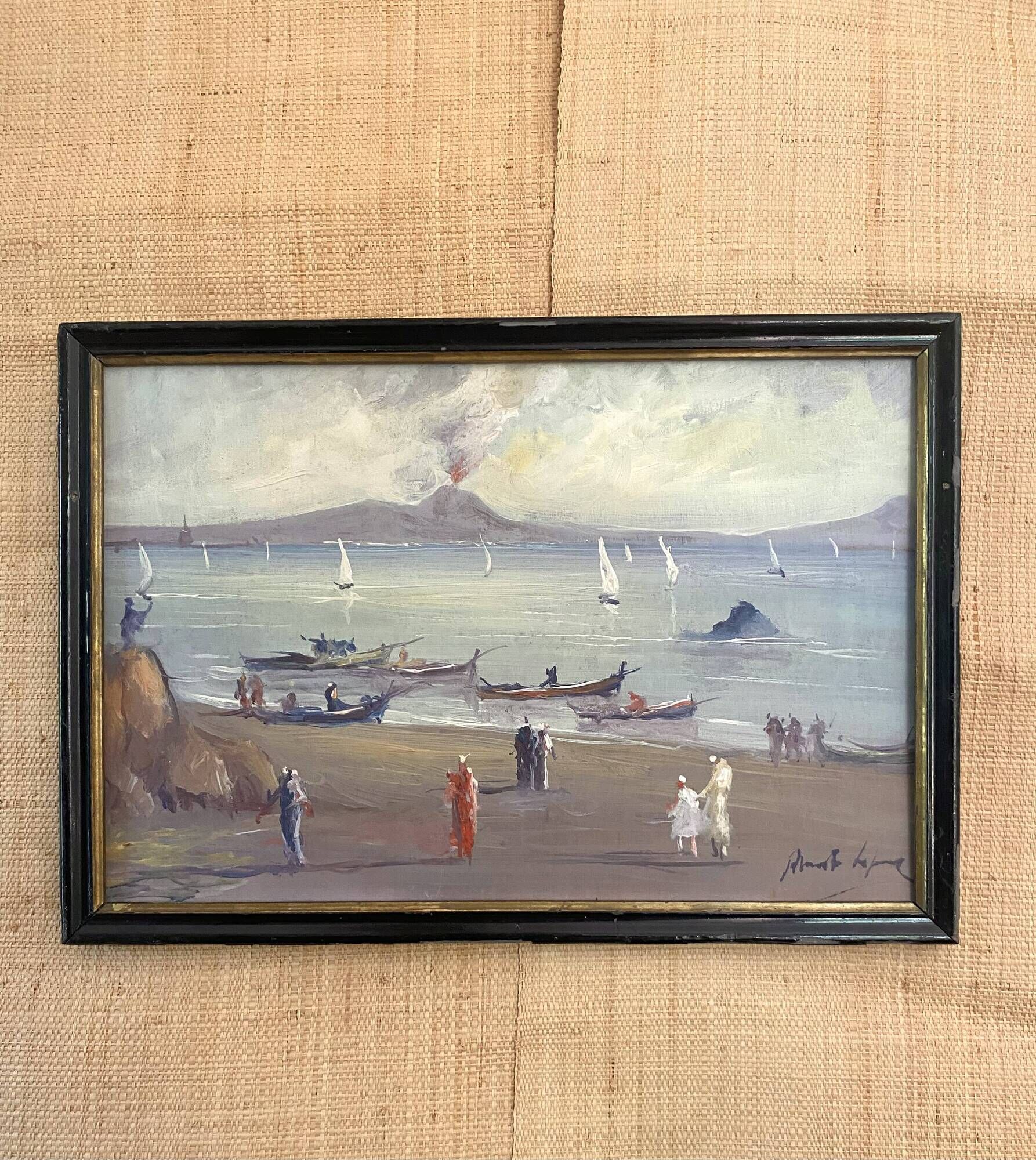 Oil painting "Fishermen of Sicily" 1960, Napoleon III frame