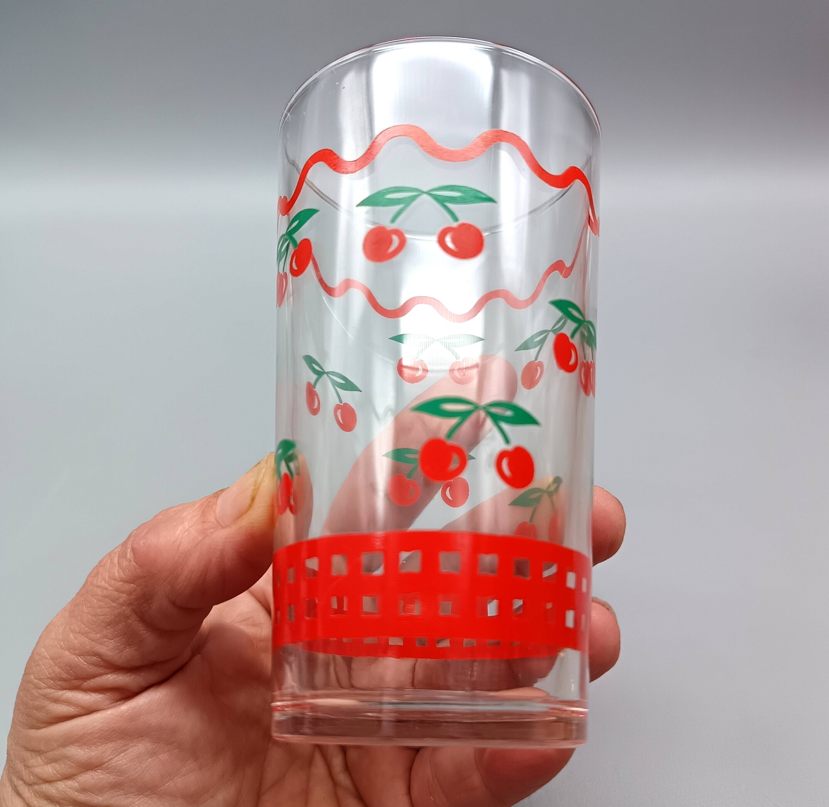 Vintage cherry ORANGEADE SET, 6 glasses and pitcher, France, VMC