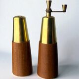 Salt shaker and pepper mill in rosewood and brass, Italy, 1970s