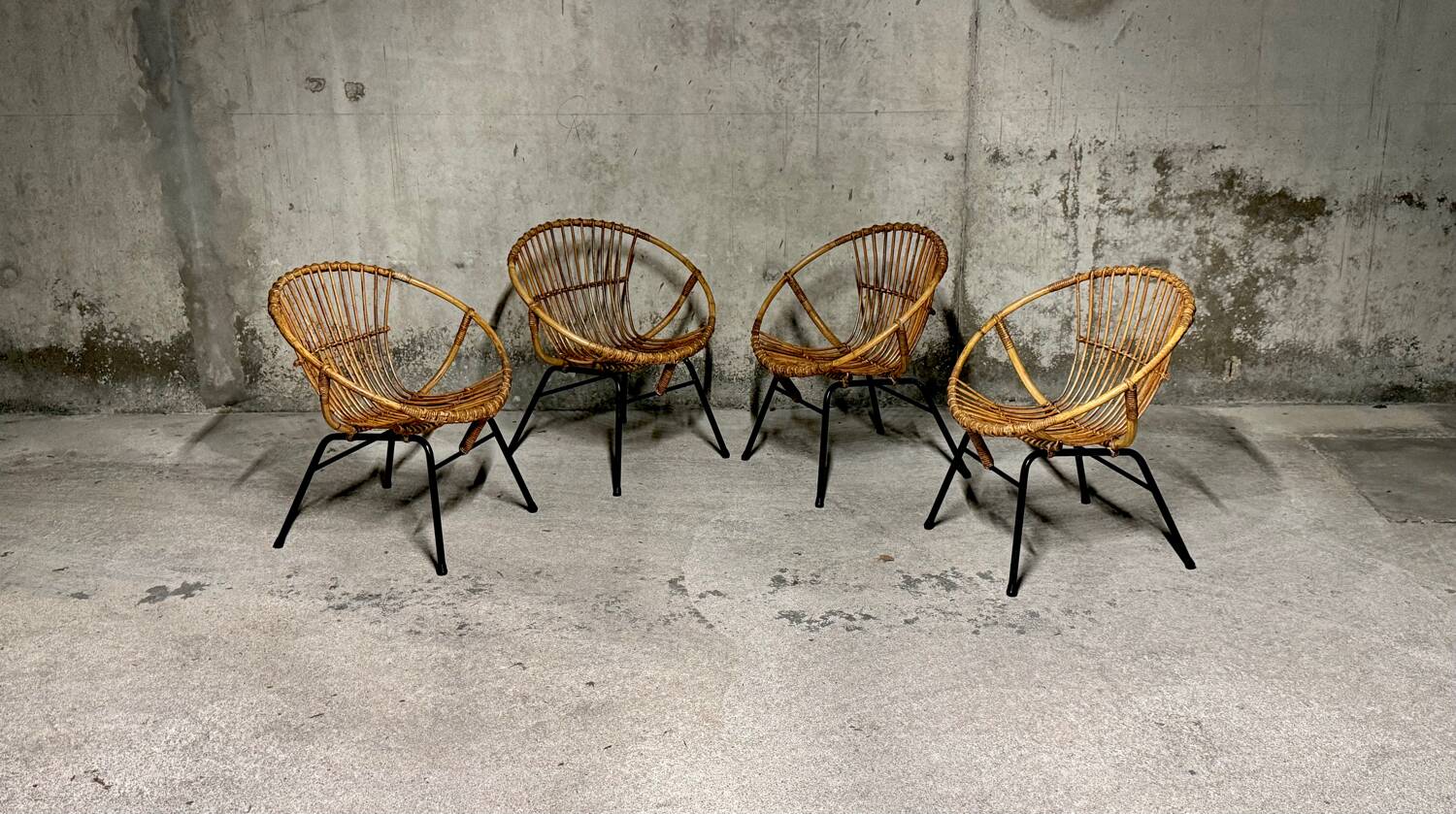 Set of 4 vintage 1950s/60s wicker rattan adult basket armchairs