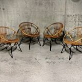 Set of 4 vintage 1950s/60s wicker rattan adult basket armchairs