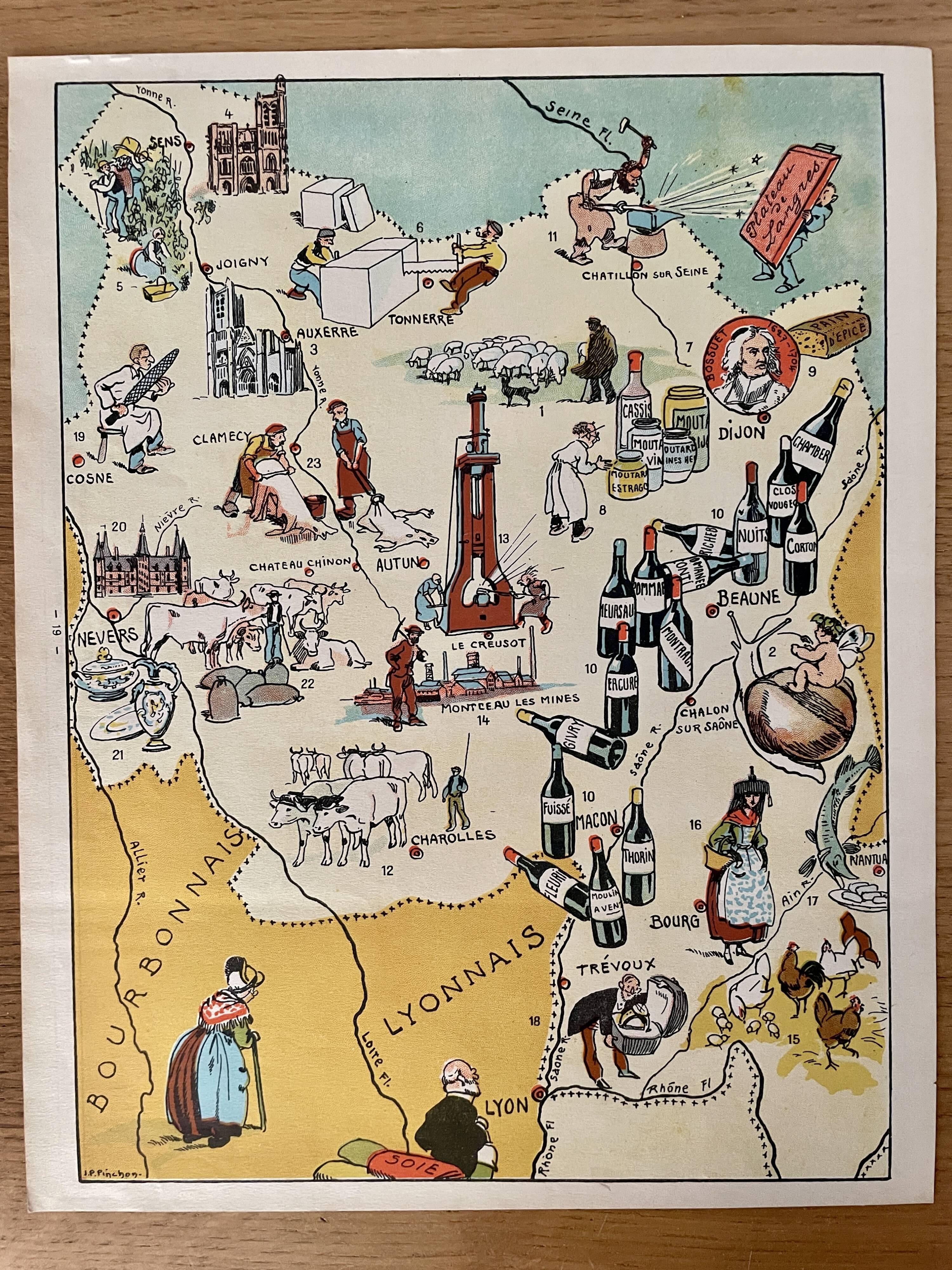 Old illustrated map of Burgundy from 1945 by JP Pinchon