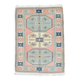 Grand tapis kilim 286x208, tons rose et bleu, motifs tribaux vintage