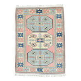 Grand tapis kilim 286x208, tons rose et bleu, motifs tribaux vintage