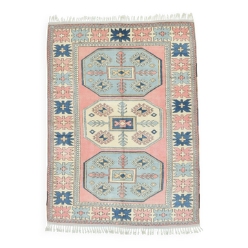Grand tapis kilim 286x208, tons rose et bleu, motifs tribaux vintage