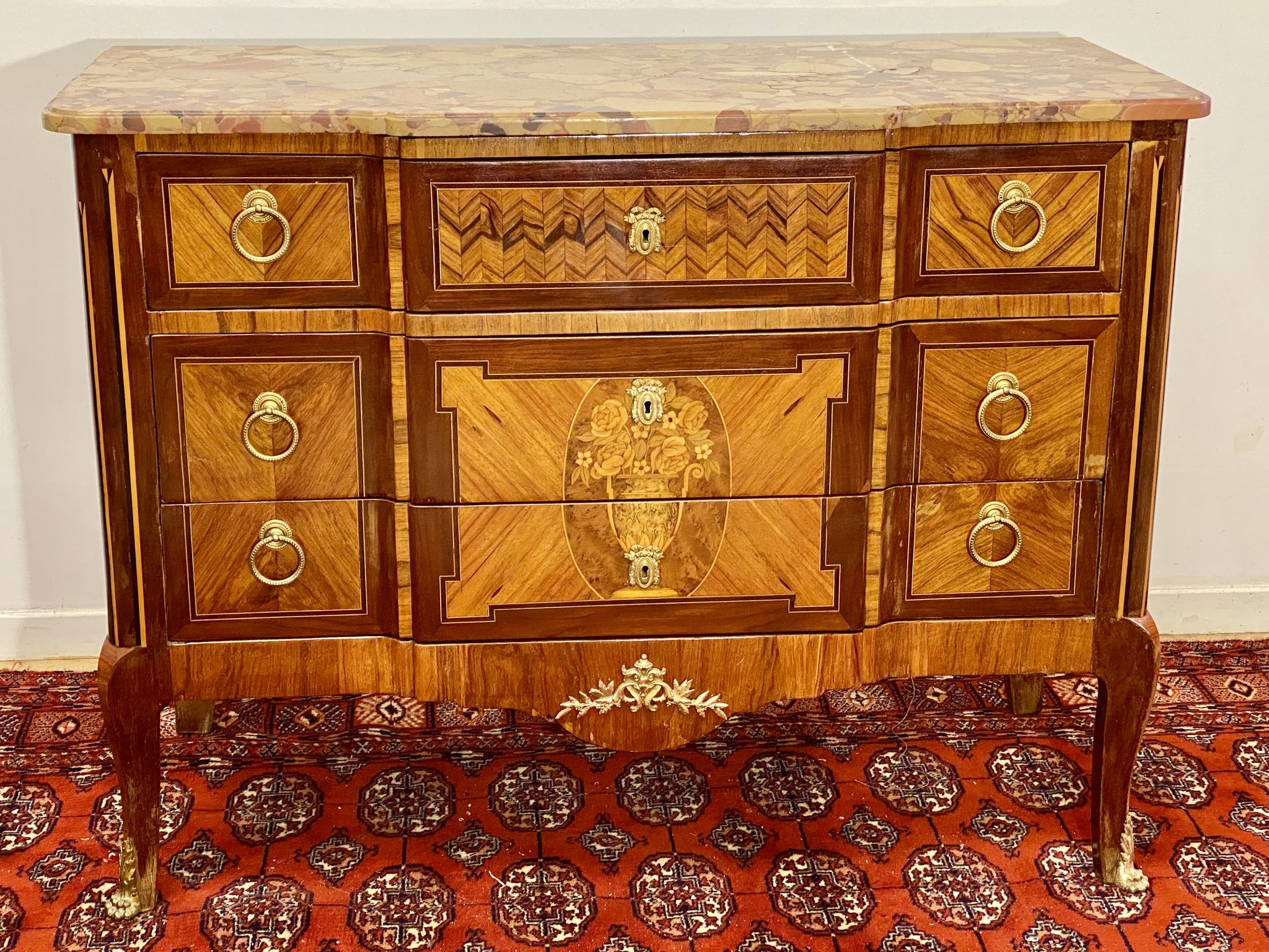 Chest of drawers Transition Style Louis XV marquetry and bronze