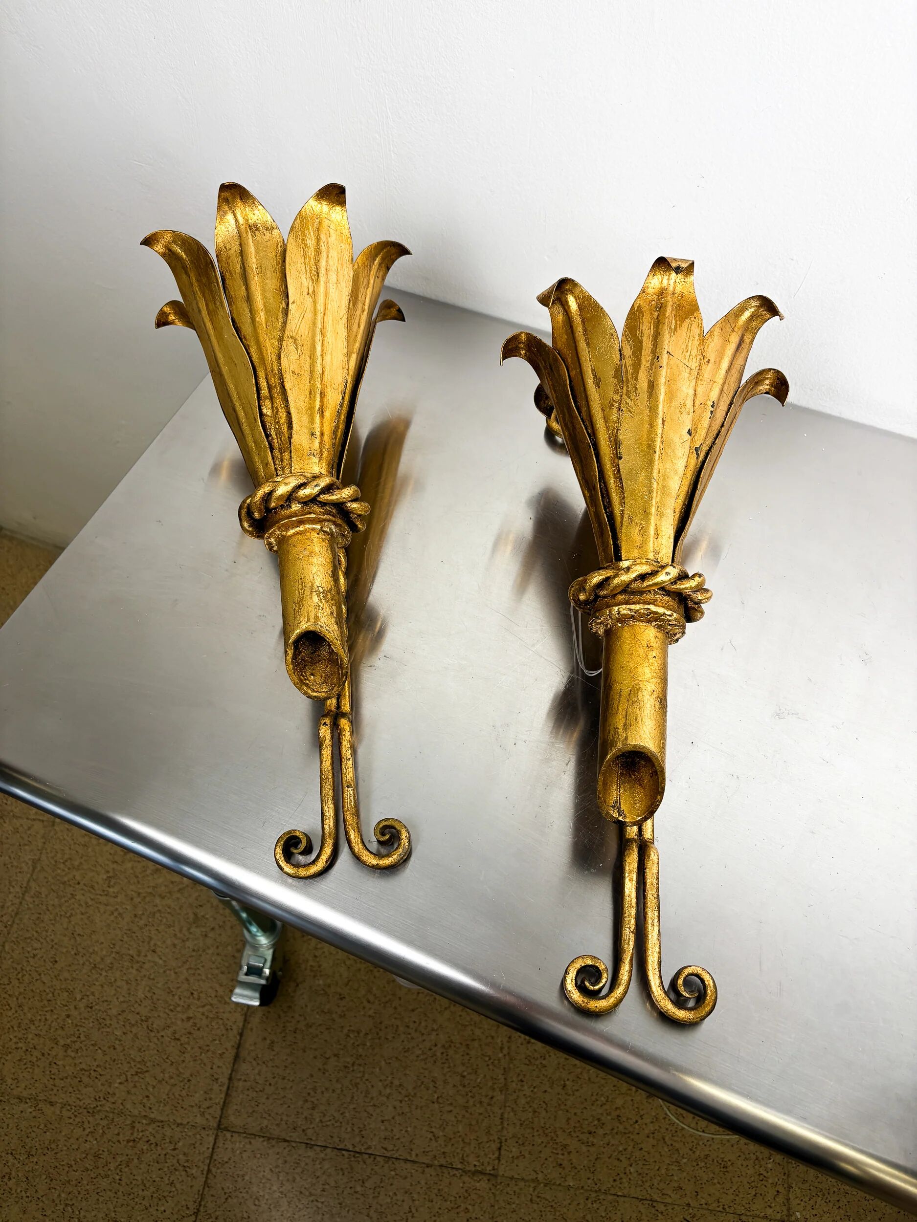 Pair of XL gilt metal tulip wall sconces, France, 1960s