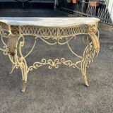 Half-moon console in wrought iron and marble
