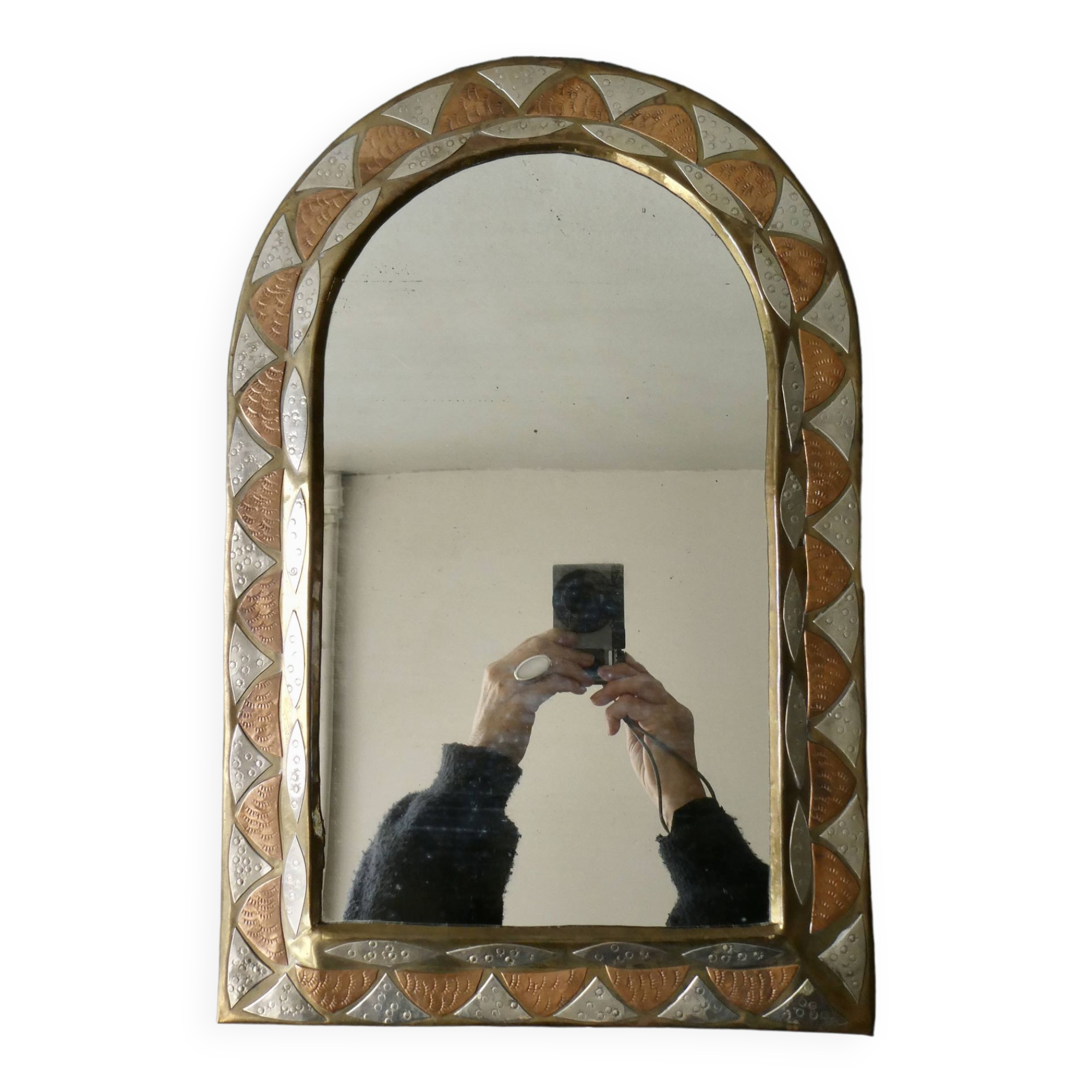 Moroccan mirror in chiseled brass, copper and silver, 70s-80s