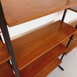 Vintage Italian triple modular bookshelf in teak and metal.