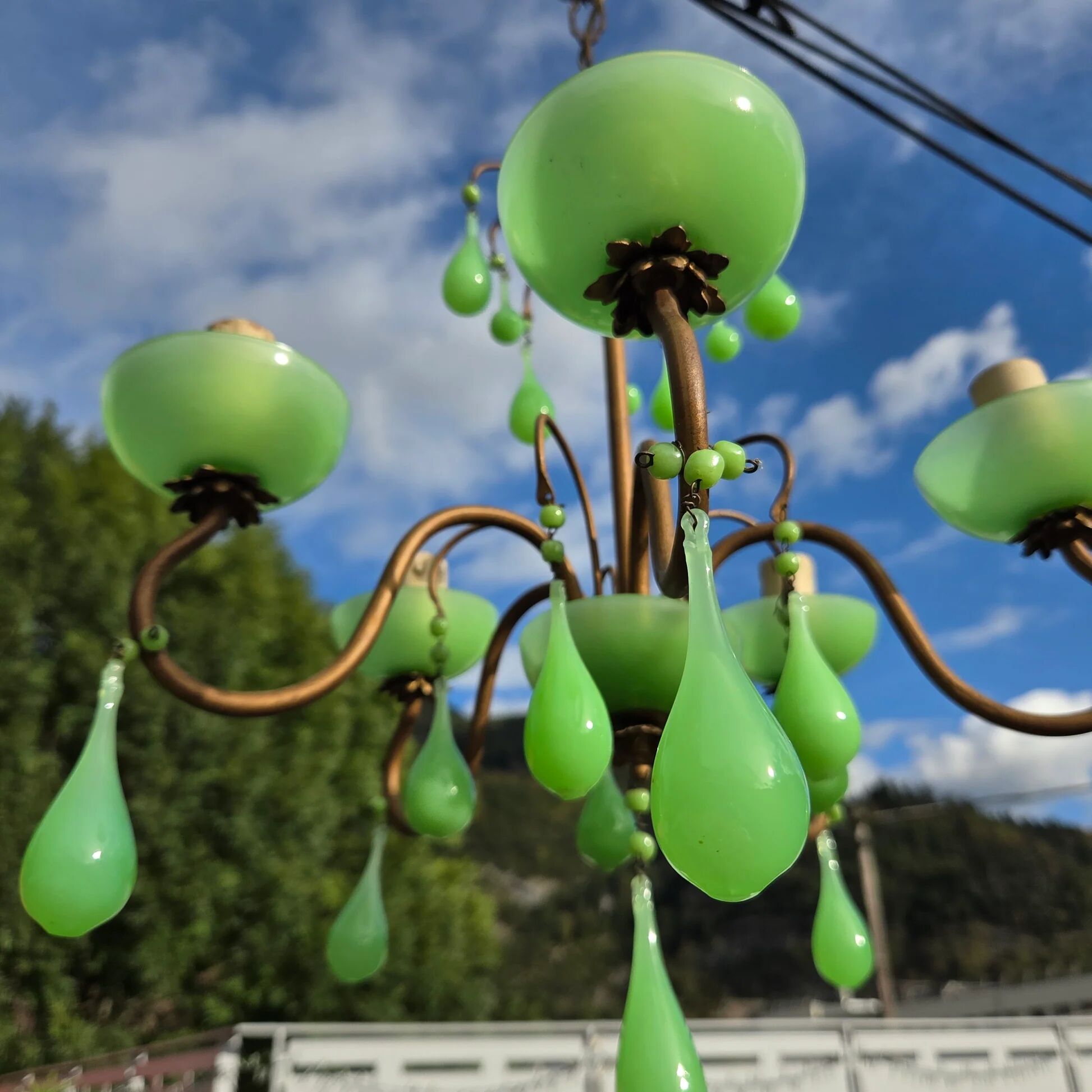 Italian chandelier with 5 lights in green opaline glass with uranium - ouraline
