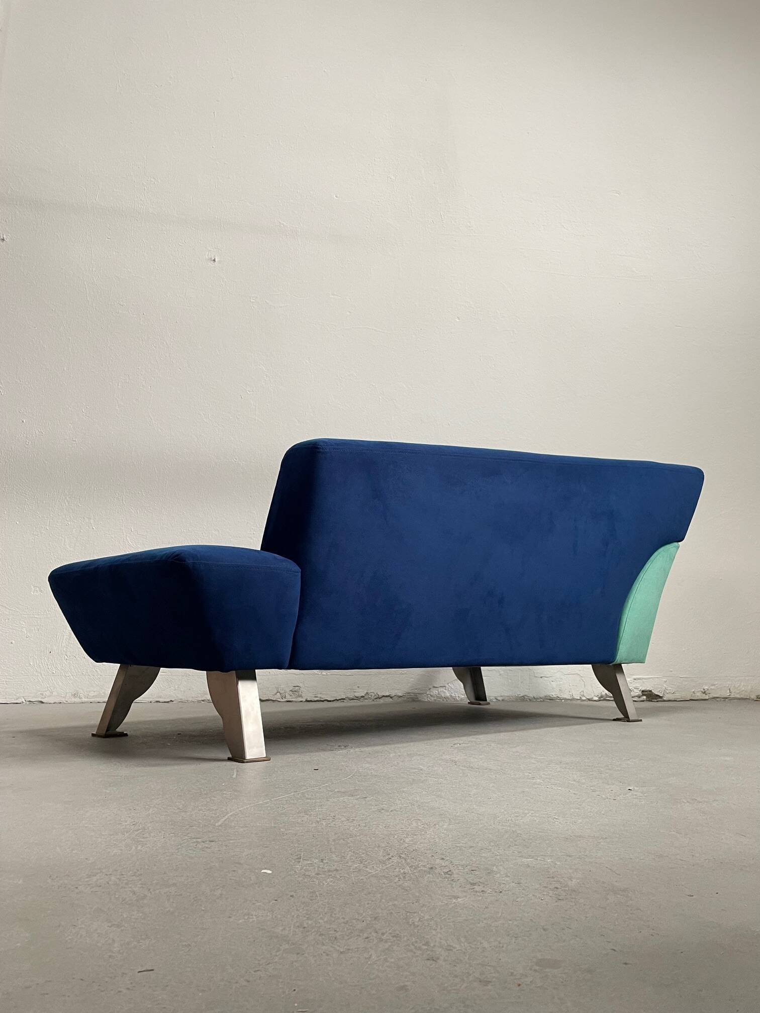 Memphis Style 2-Seat Sofa in Blue Microfibre Fabric, Postmodern 1980s Era