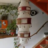 Large vintage macramé pendant lamp in cotton thread and wool, 120 cm.