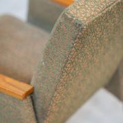 Pair of vintage armchairs in oak and embossed fabric, with old republished certificate of authenticity