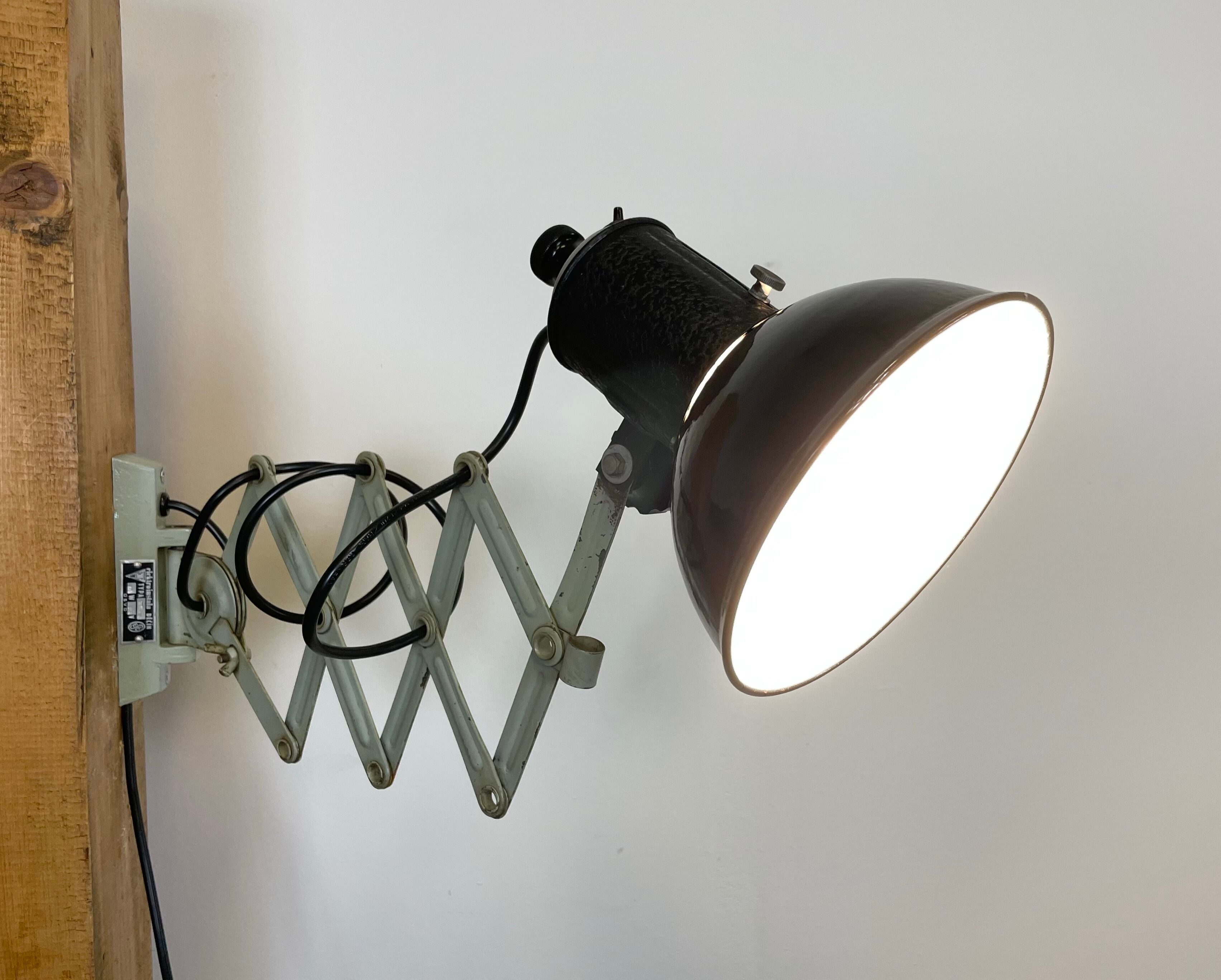 Vintage industrial black enamel scissor wall lamp, 1950s