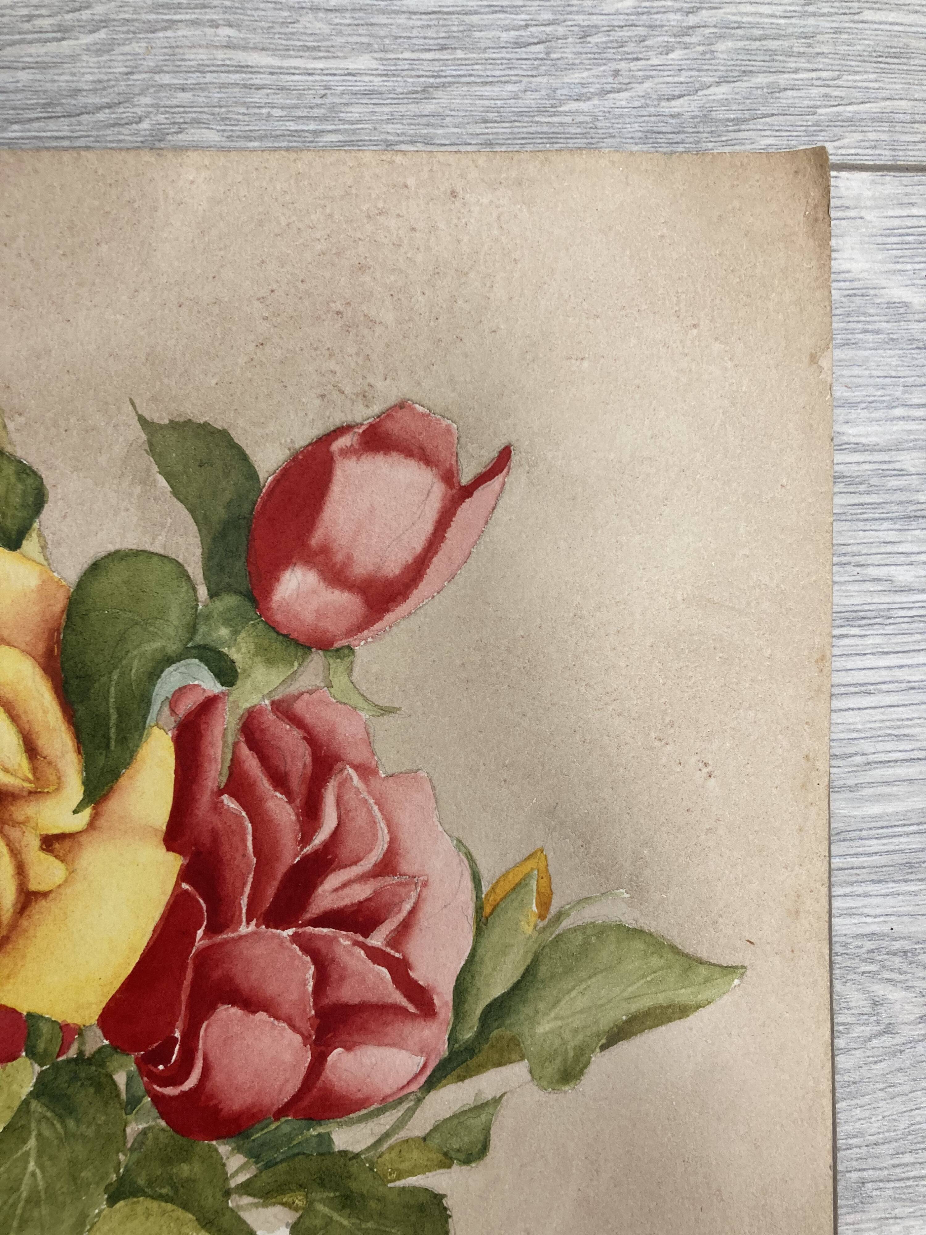 Vintage watercolor with roses in earthenware vase with angel
