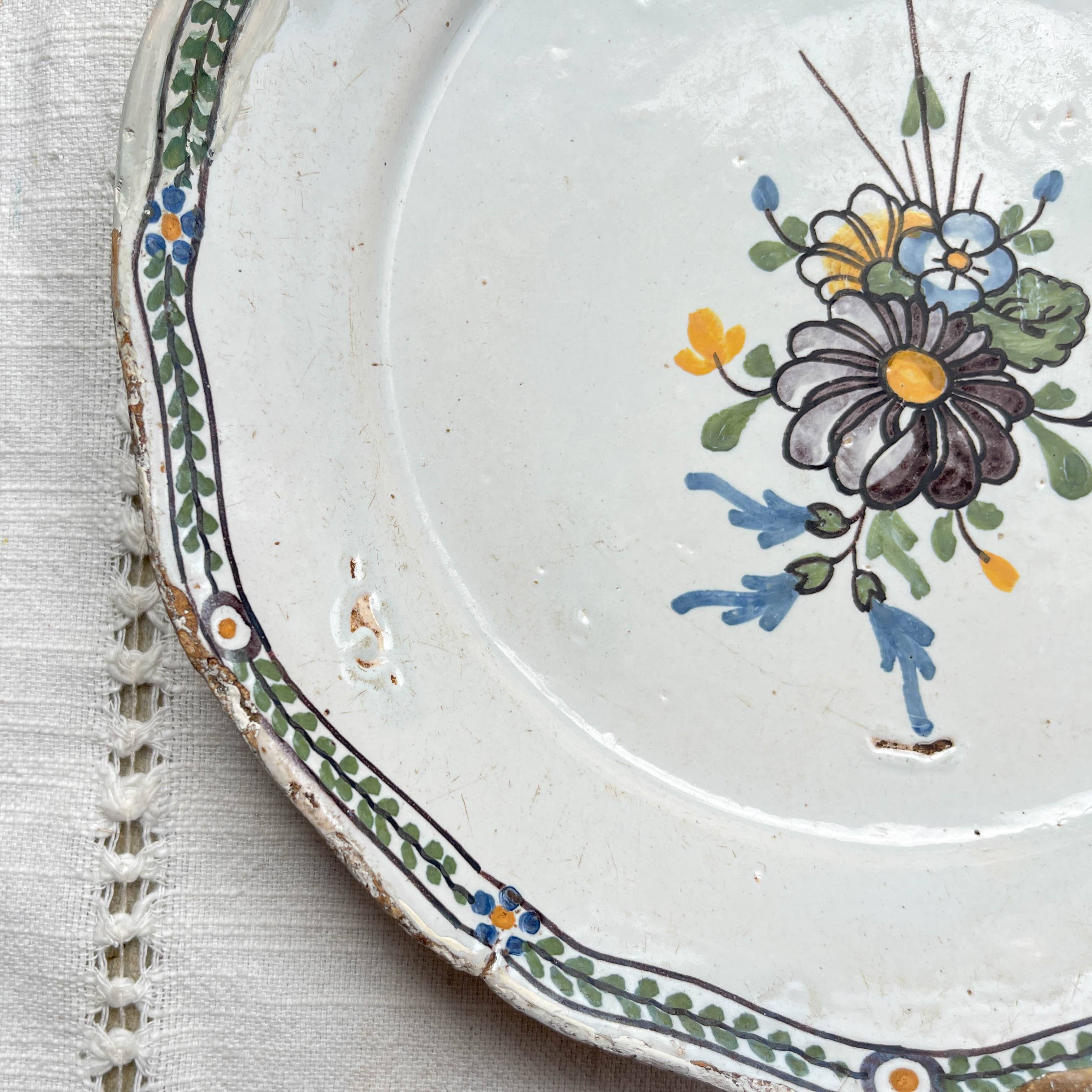 Antique French Earthenware Plate 18th Century NEVERS Floral Pattern