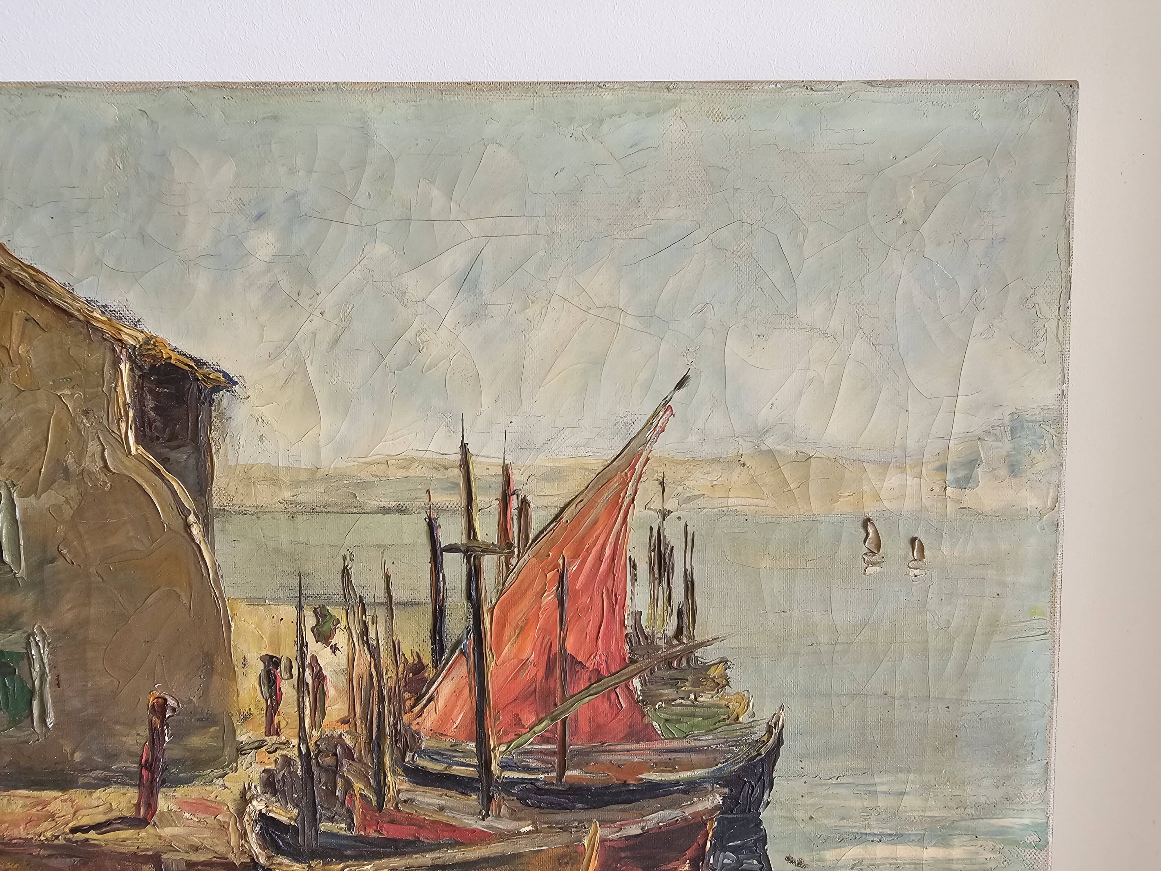 Oil on Canvas Marine Port of Martigues Signed (to be identified) Accid