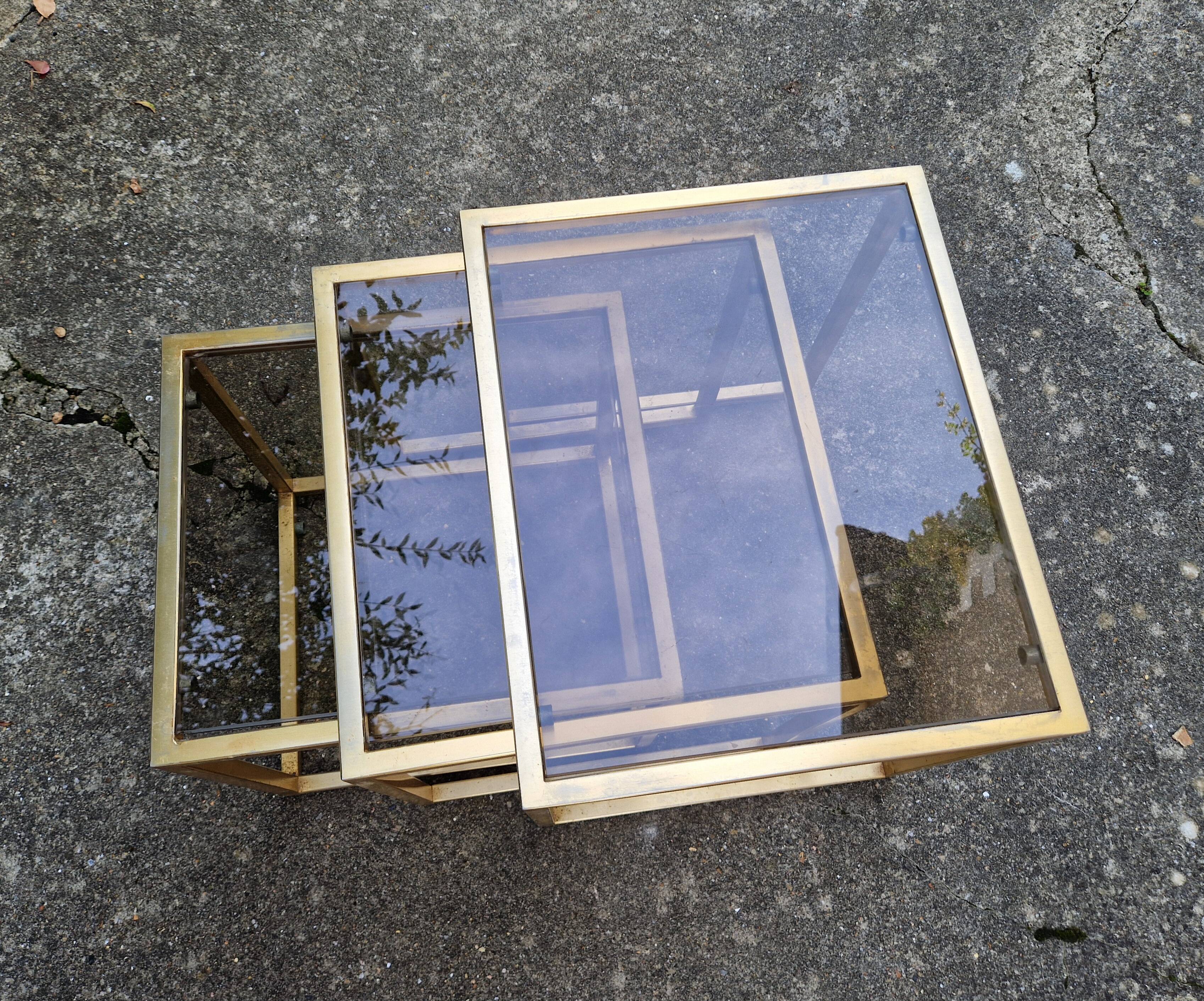 Vintage 1980s gold metal and smoked glass nesting tables