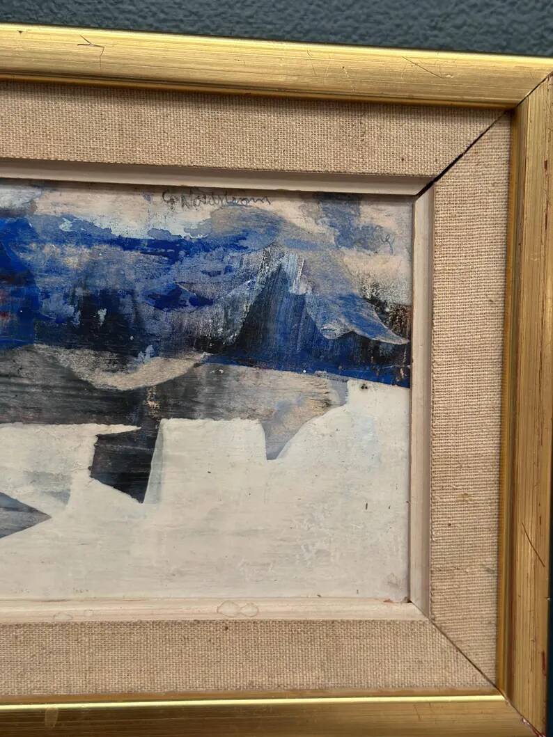 Original Swedish Oil on Panel – "Blue Composition" by Gunnar Nordström – Signed – Vintage and Framed – 24.5 × 18.5 cm (9.6 in × 7.3 in)