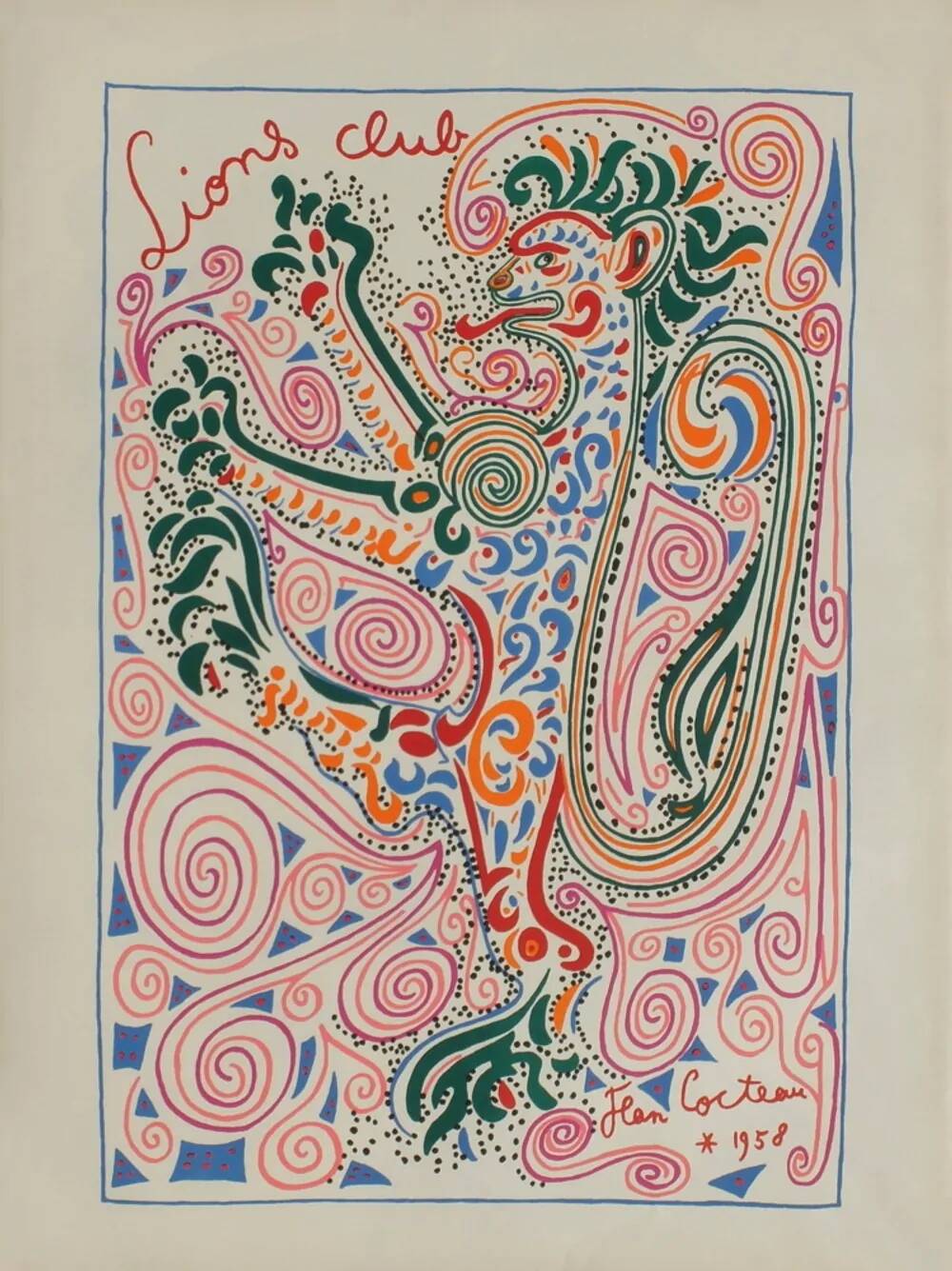Original lithograph by Jean Cocteau, Lions Club, from 1958