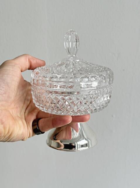 Antique sugar bowl in glass and lightweight metal