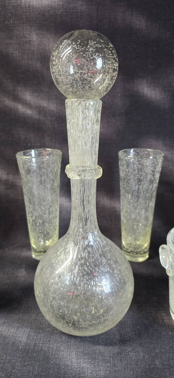 Lot de verrerie bullée Biot – carafe, verres et seau à glace – années 1960