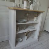 Re-enchanted bookcase in pearl gray, light oak waxed top.